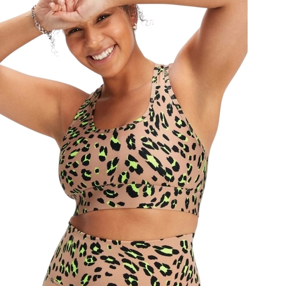 Fabletics On The Go Athletic Sports Bra Nude Leopard Medium Impact Racerback - Picture 2 of 8